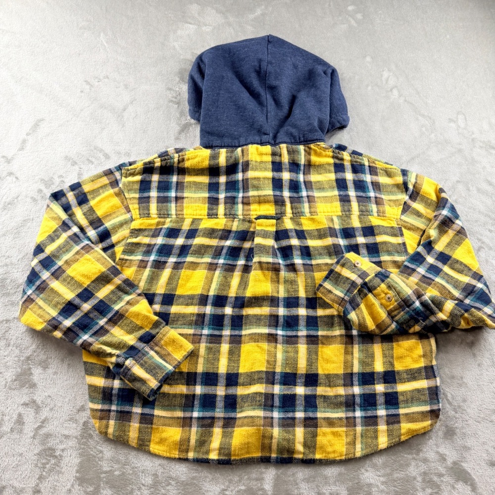 American Eagle Outfitters Women's Large Yellow Blue Plaid‎ Hooded Flannel Shirt - Picture 2 of 6
